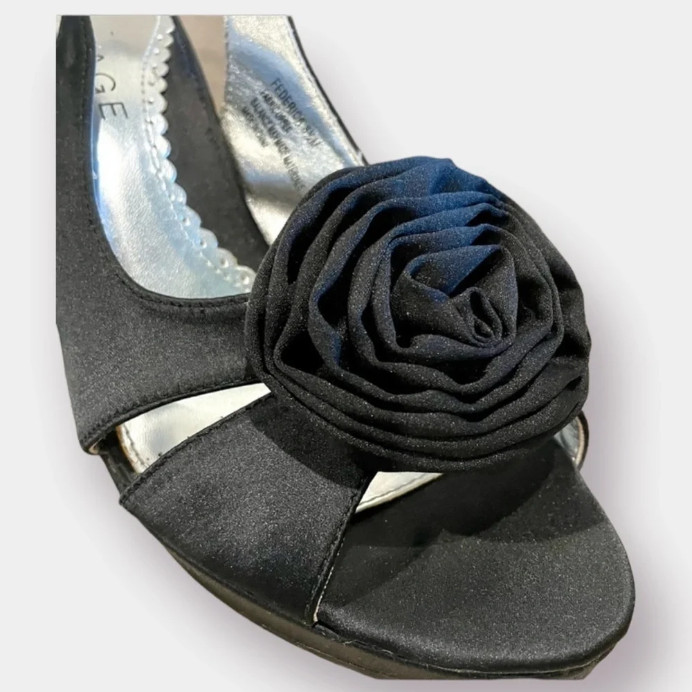 Rampage Black Satin Rosette Heels Sandal Size 8.5